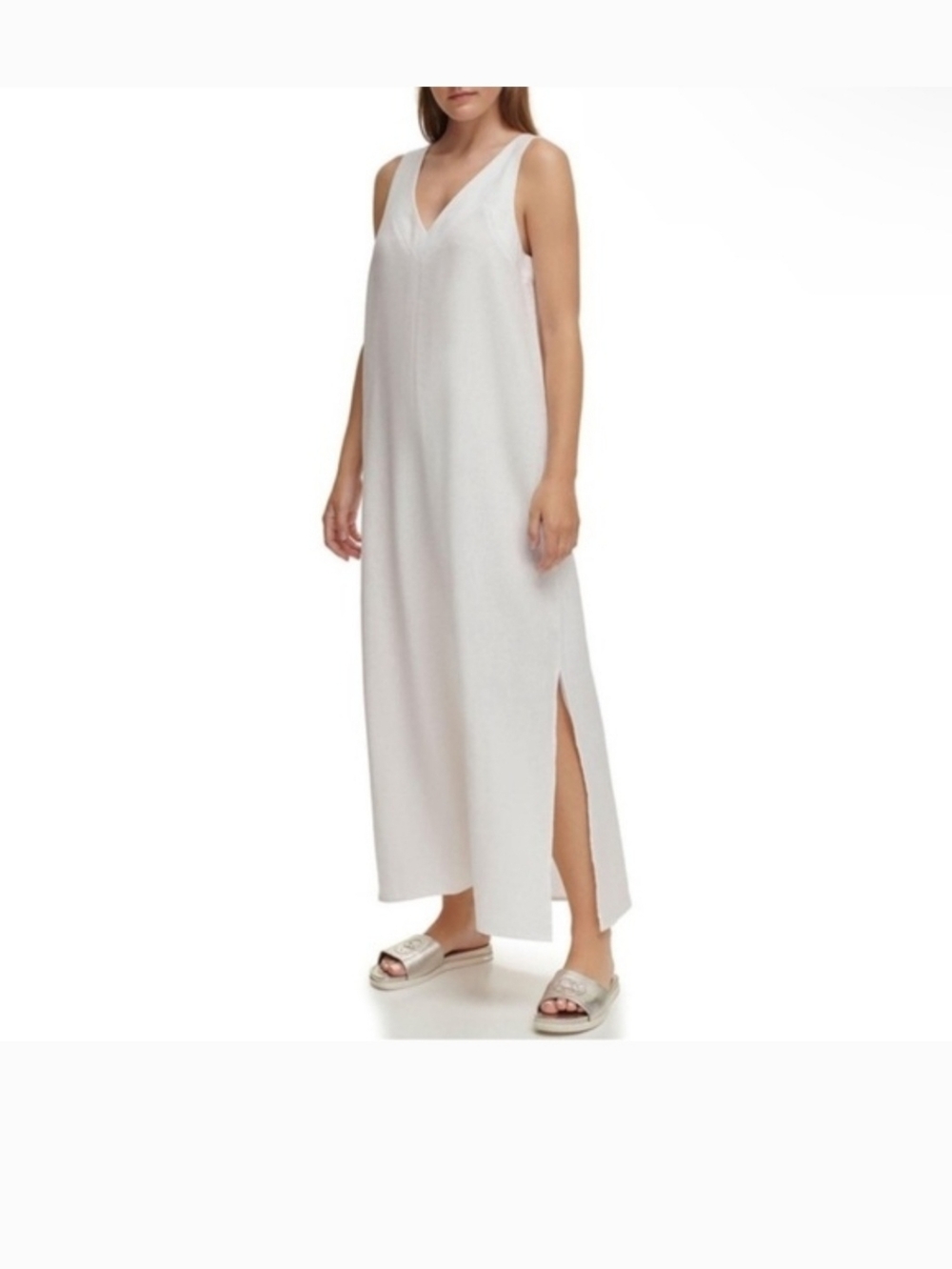 DKNY White Sleeveless V-Neck Maxi Dress